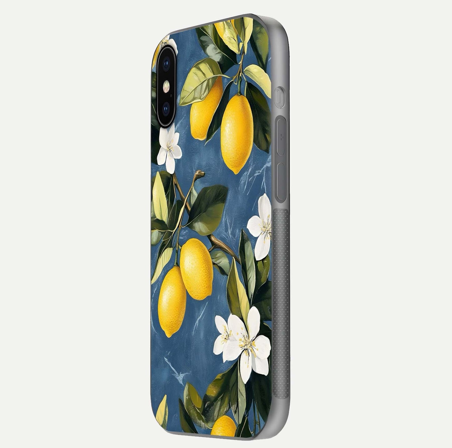 Lemon Dream Garden Glass Case for iPhone X side-angle image showing reflection clarity and artistic fruit design