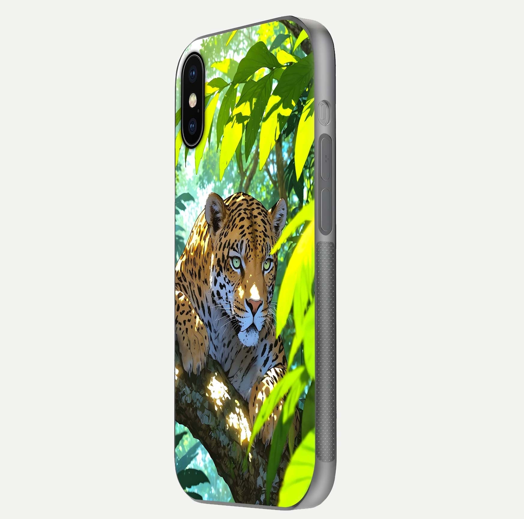 Leopard in Jungle Glass Case for iPhone X side-angle shot emphasizing contrast and fierce design clarity