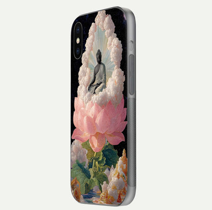 Lotus Divine Peace Glass Case for iPhone X side-angle shot showing elegant shine and floral symmetry