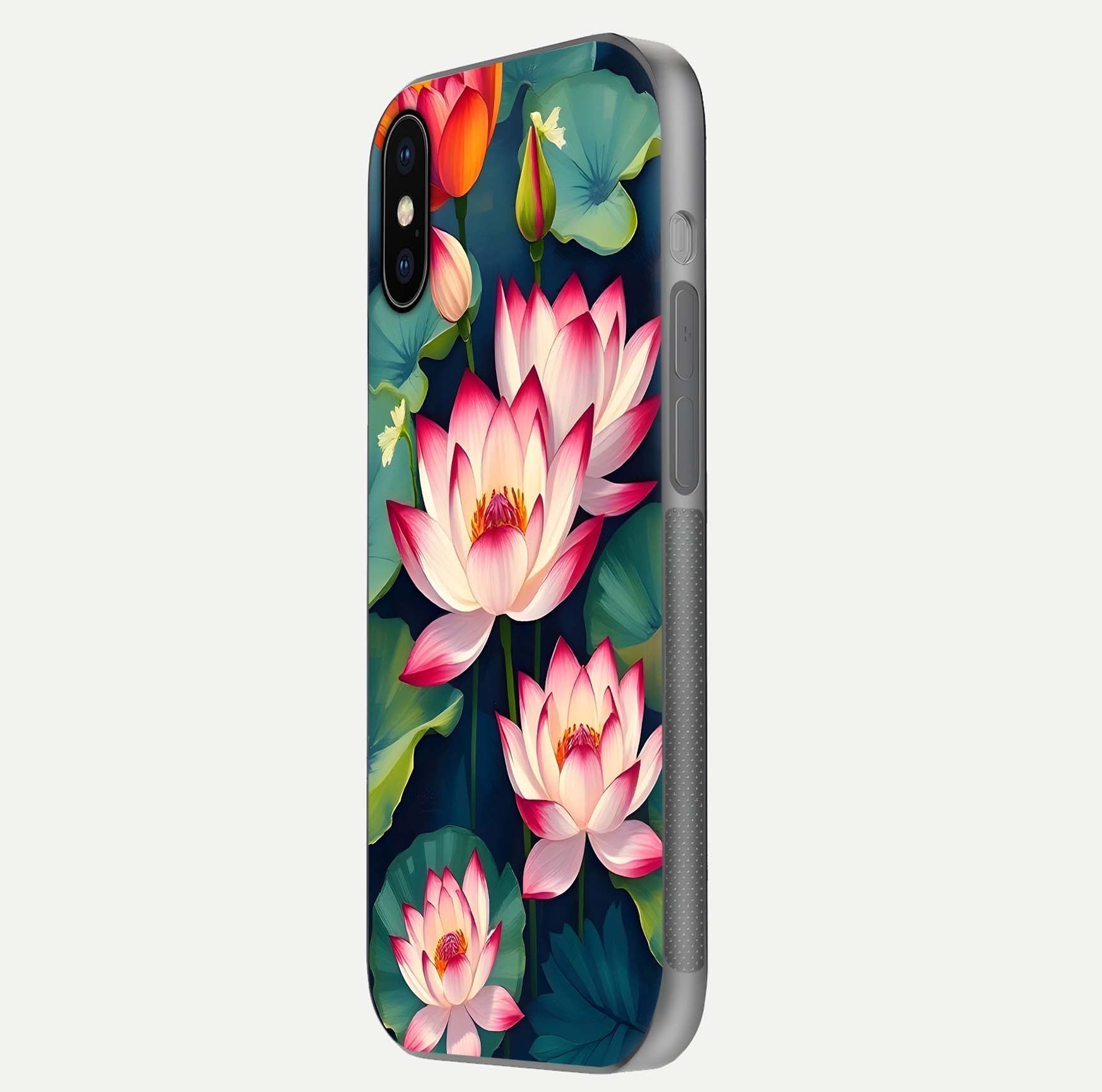 Lotus Dream Serenity Glass Case for iPhone X side-angle image revealing reflection clarity and calm tones