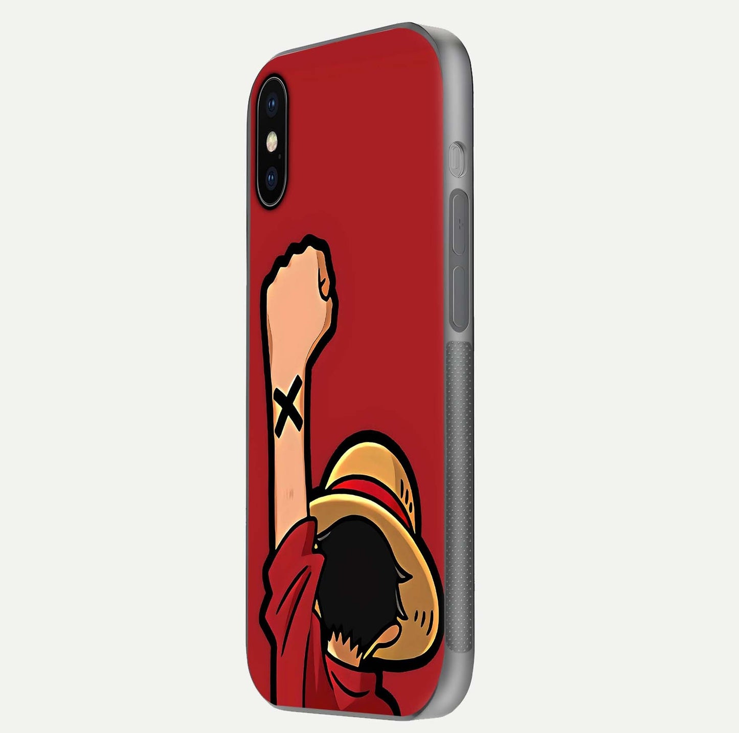 Luffy X Spirit Glass Case for iPhone X side-angle image highlighting reflection strength and anime print