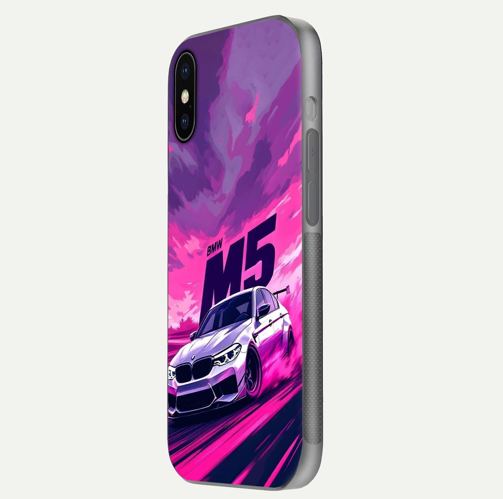 MS Neon Car Glass Case for iPhone X side-angle image showing glow reflection and car detailing