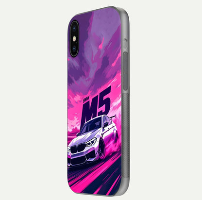 MS Neon Car Glass Case for iPhone X side-angle image showing glow reflection and car detailing