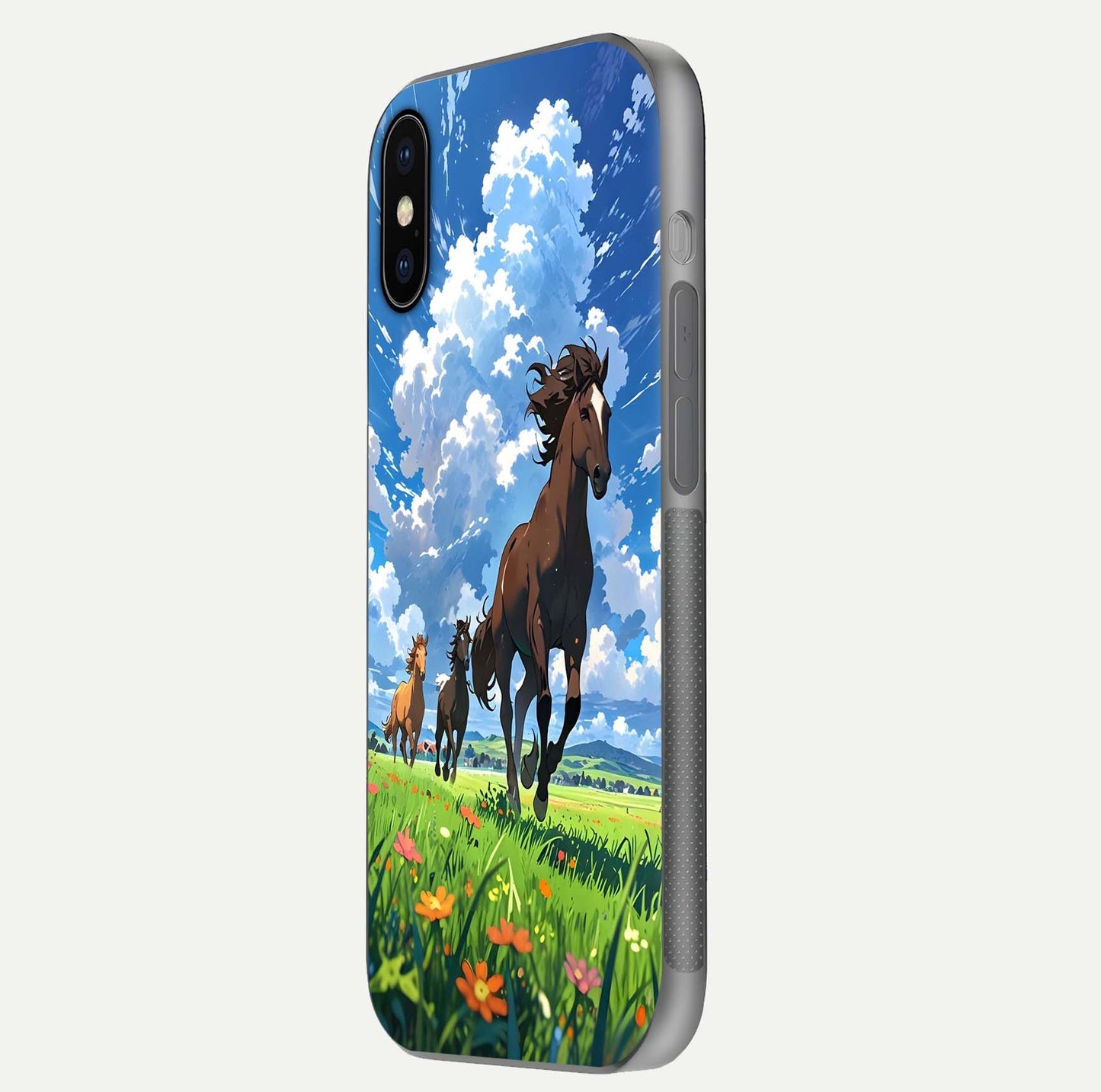 Majestic Horses Galloping Glass Case for iPhone X side-angle shot emphasizing reflection and running artwork