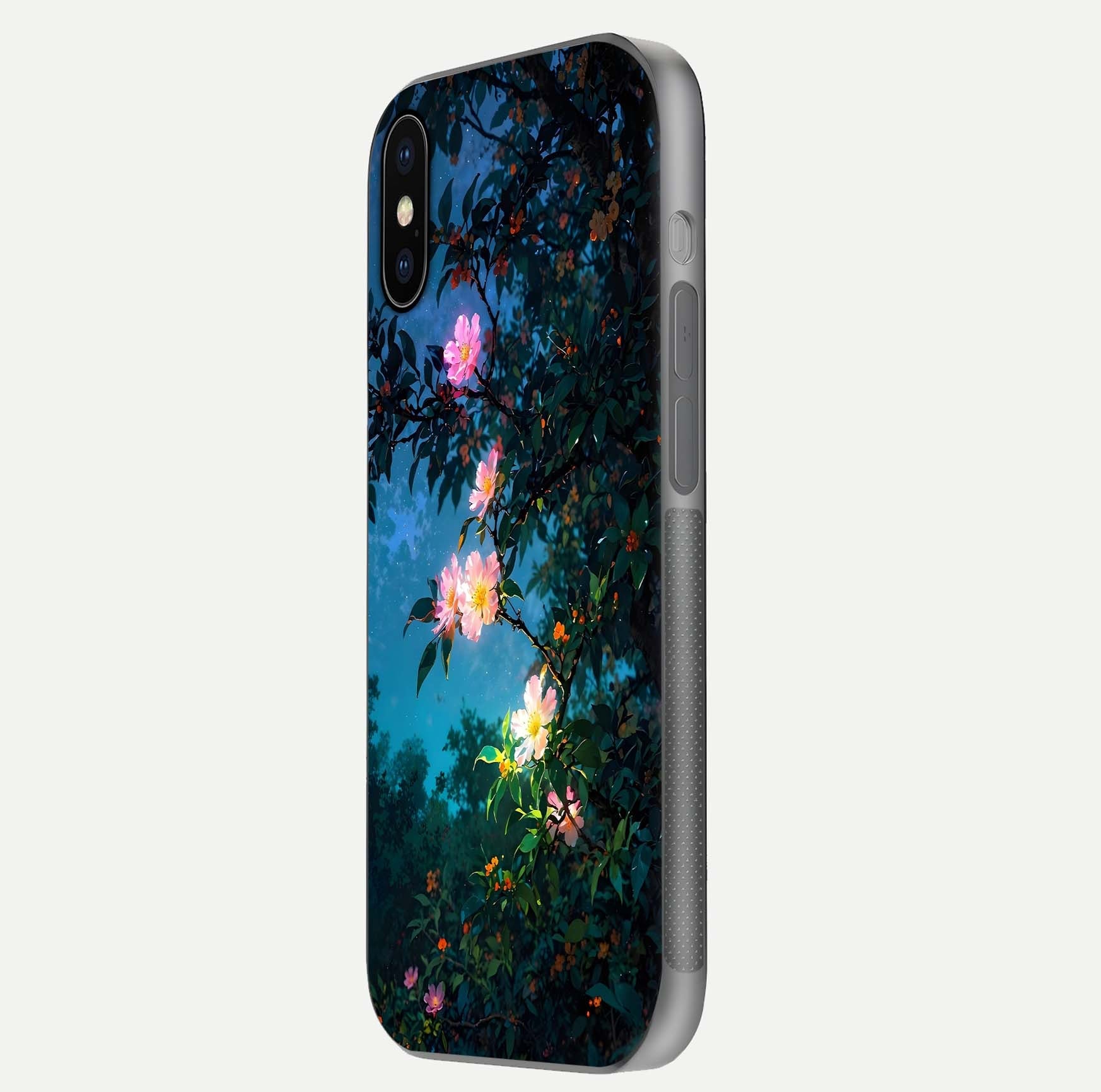 Midnight Bloom Glow Glass Case for iPhone X side-angle image revealing reflection and deep midnight hues