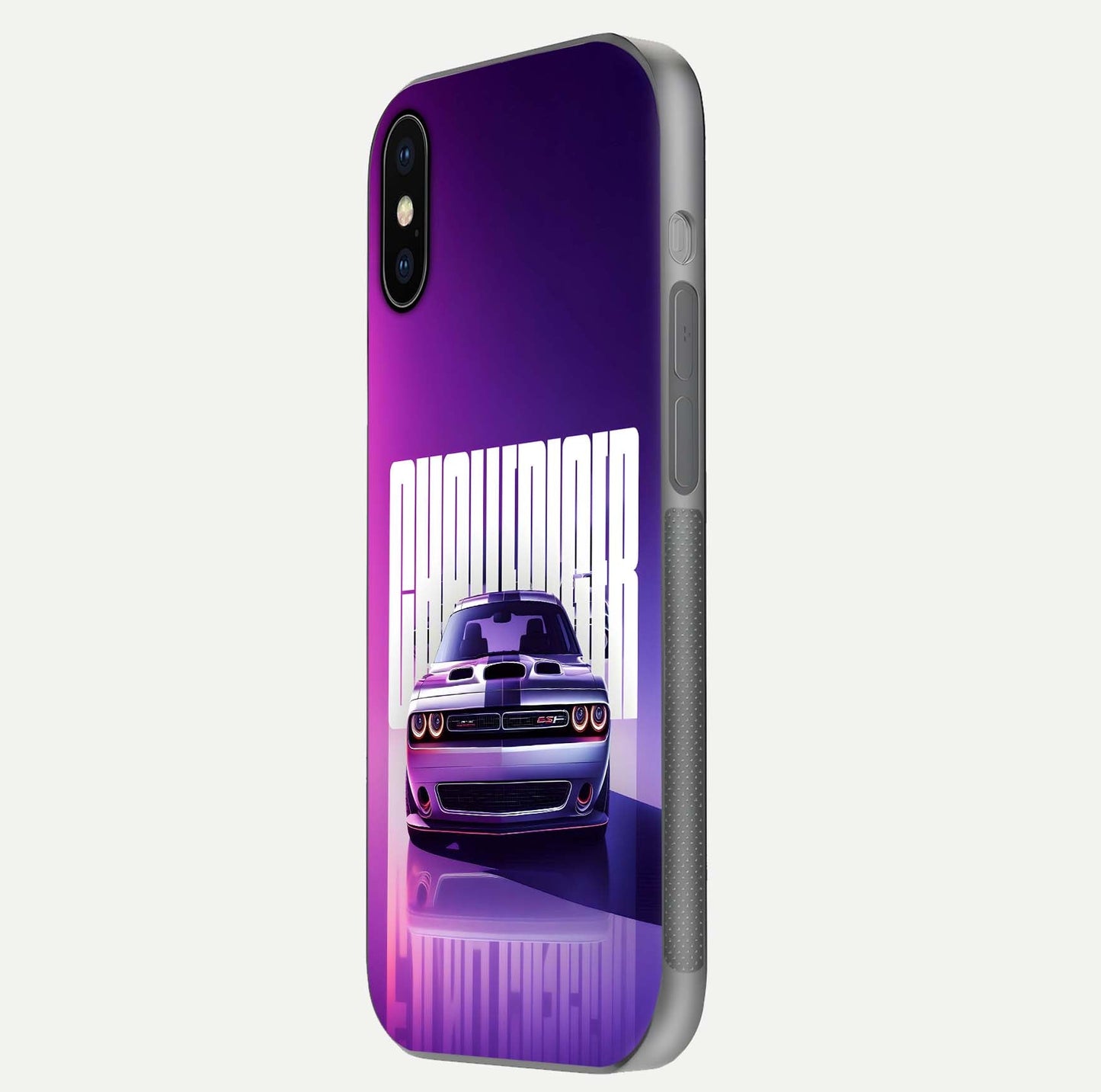 Midnight Muscle Ride Glass Case for iPhone X side-angle image showing reflection clarity and bold design