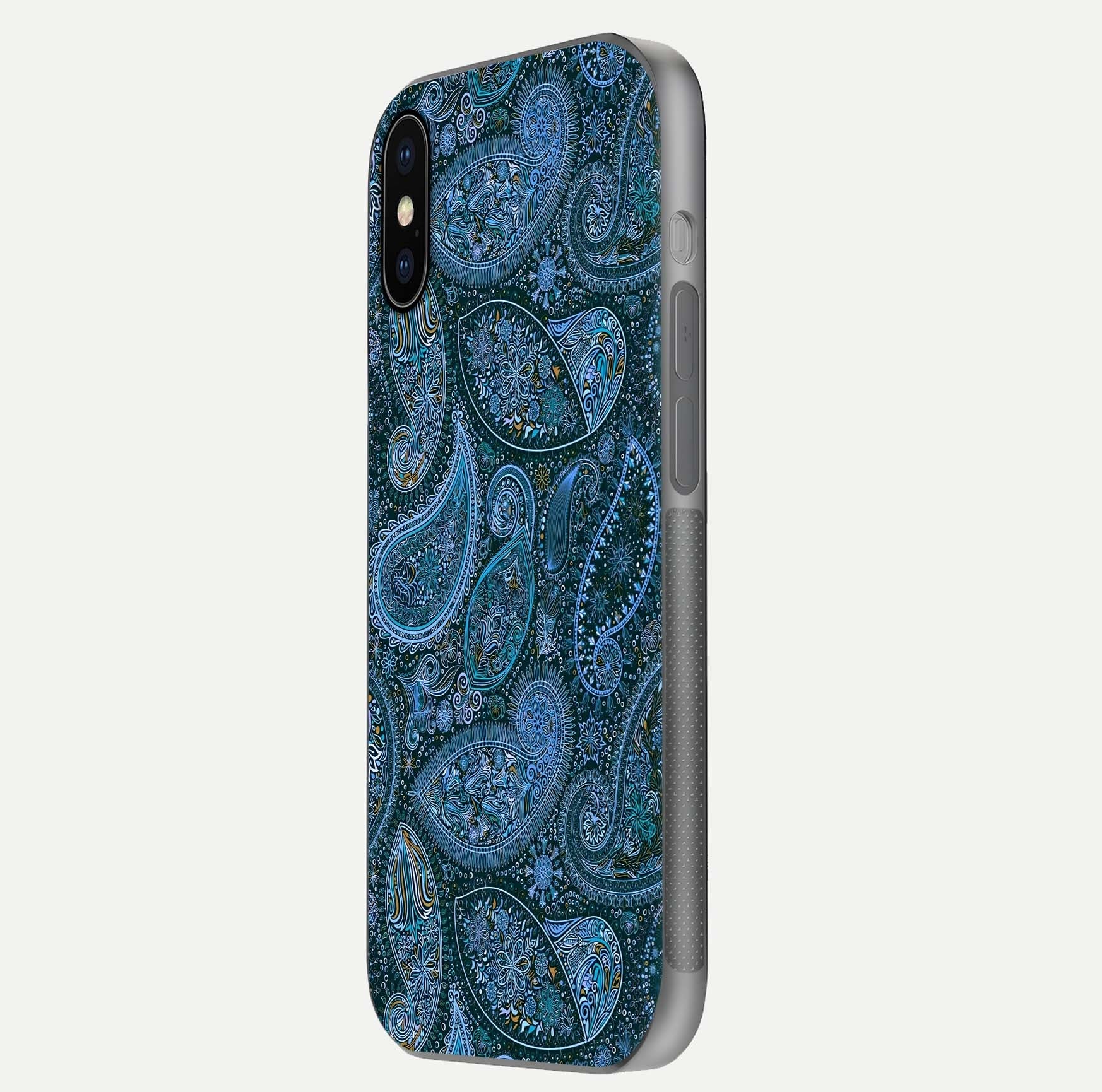 Midnight Paisley Glow Glass Case for iPhone X side-angle image revealing reflective gloss and paisley art