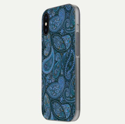 Midnight Paisley Glow Glass Case for iPhone X side-angle image revealing reflective gloss and paisley art