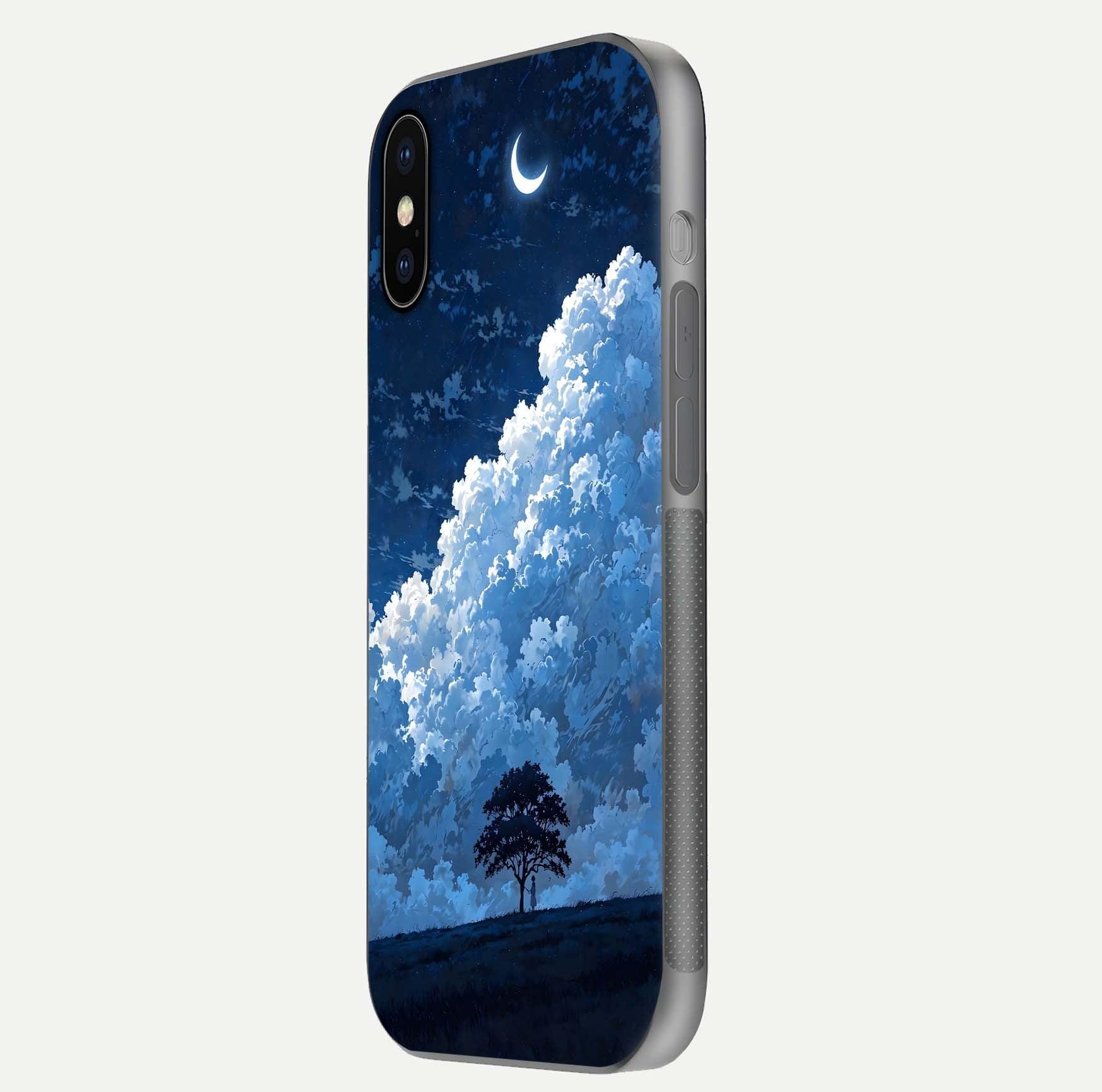 Midnight Sky Serenity Glass Case for iPhone X side-angle image showing soft glow and smooth reflection