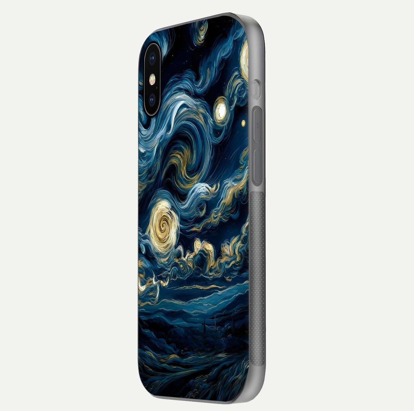 Midnight Sky Whirl Glass Case for iPhone X side-angle image showing reflection depth and galaxy pattern