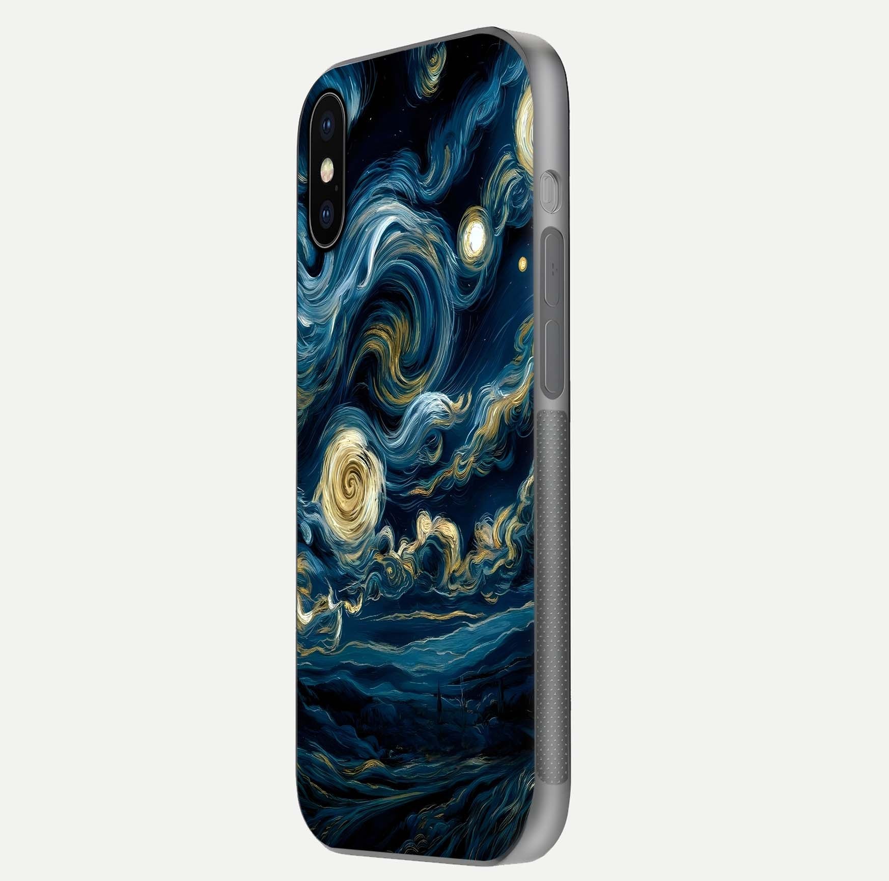 Midnight Sky Whirl Glass Case for iPhone X side-angle image showing reflection depth and galaxy pattern