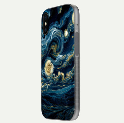 Midnight Sky Whirl Glass Case for iPhone X side-angle image showing reflection depth and galaxy pattern