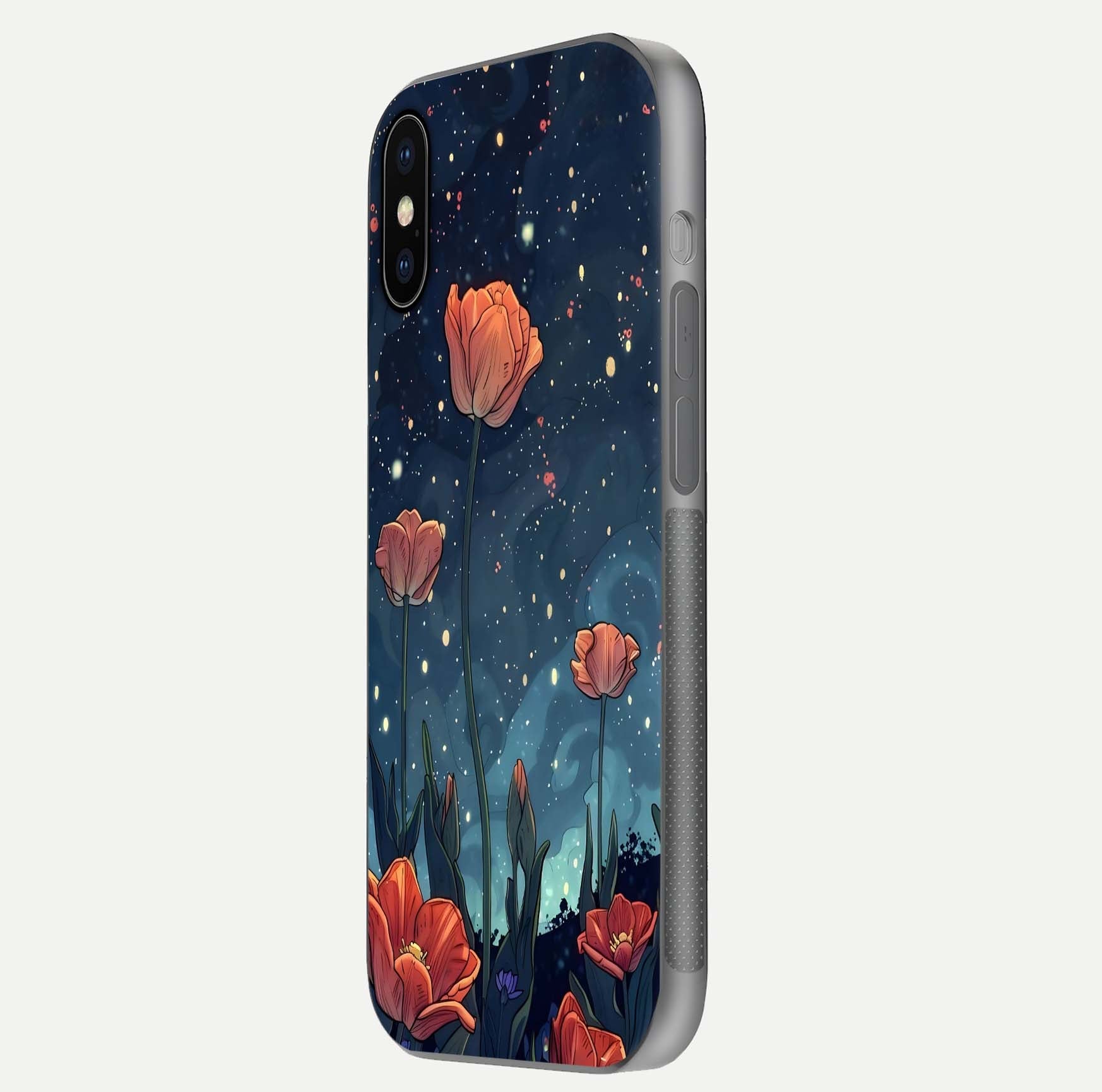 Midnight Tulip Glow Glass Case for iPhone X side-angle image showing shine depth and flower artwork