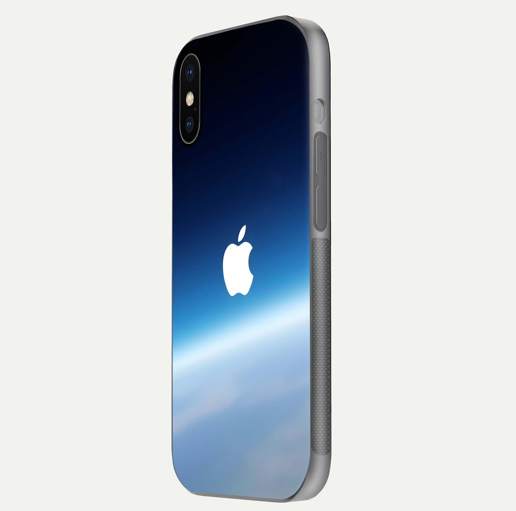 Minimal Apple Sky Glass Case for iPhone X side-angle image showing smooth reflection and gentle sky tone