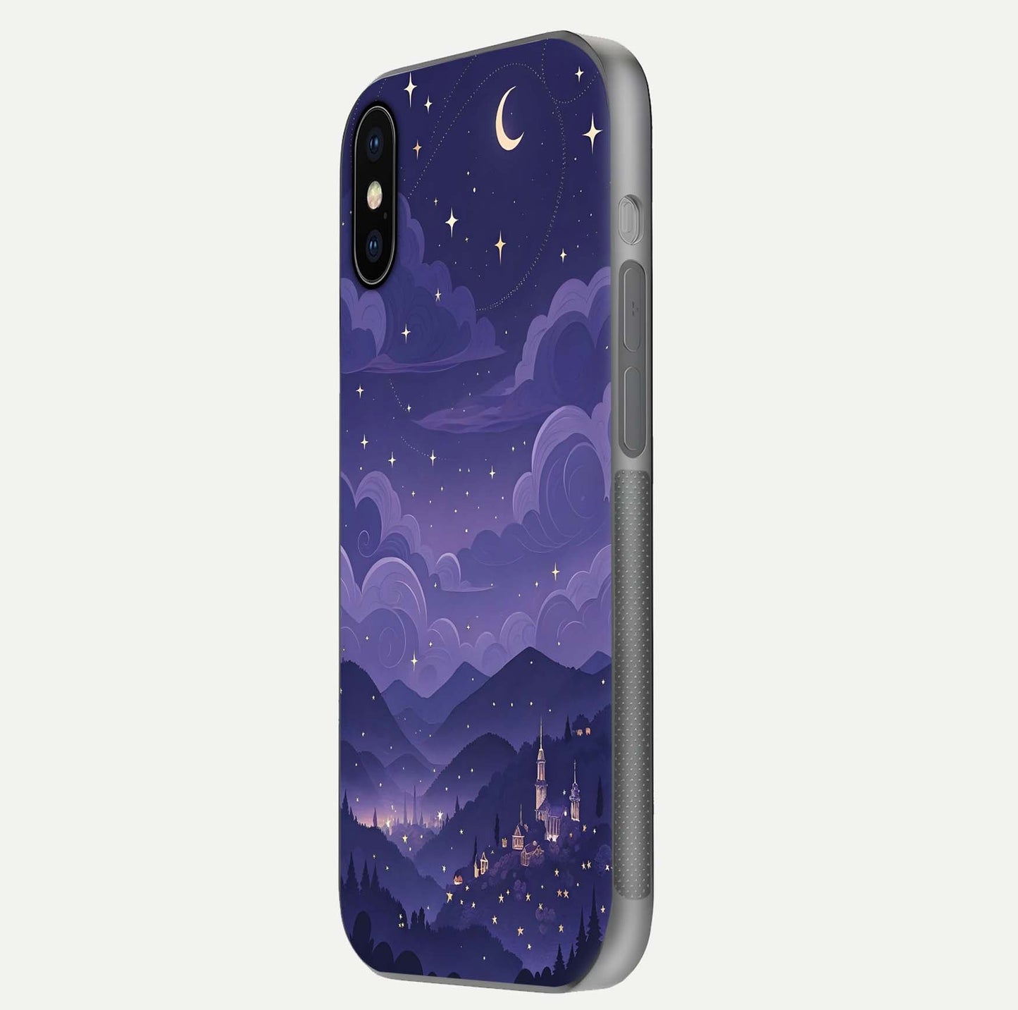 Minimal Night View Glass Case for iPhone X side-angle image showing subtle reflection and urban design