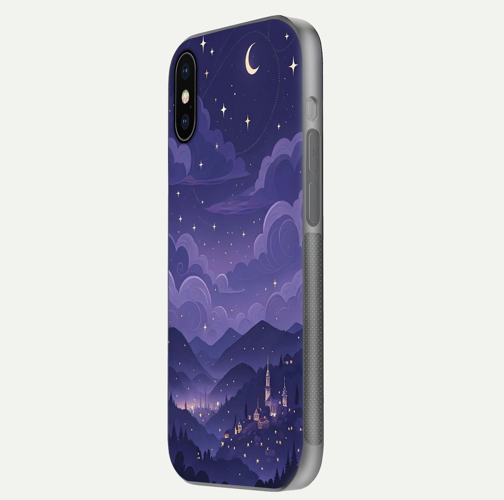 Minimal Night View Glass Case for iPhone X side-angle image showing subtle reflection and urban design