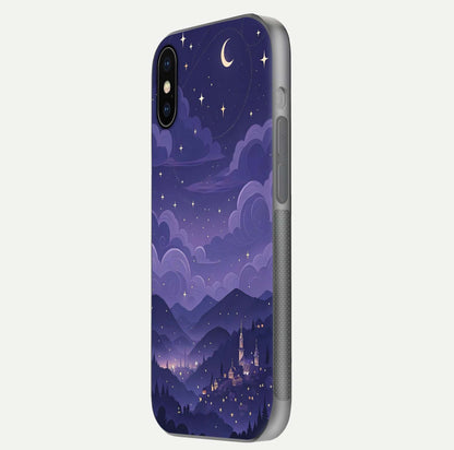 Minimal Night View Glass Case for iPhone X side-angle image showing subtle reflection and urban design