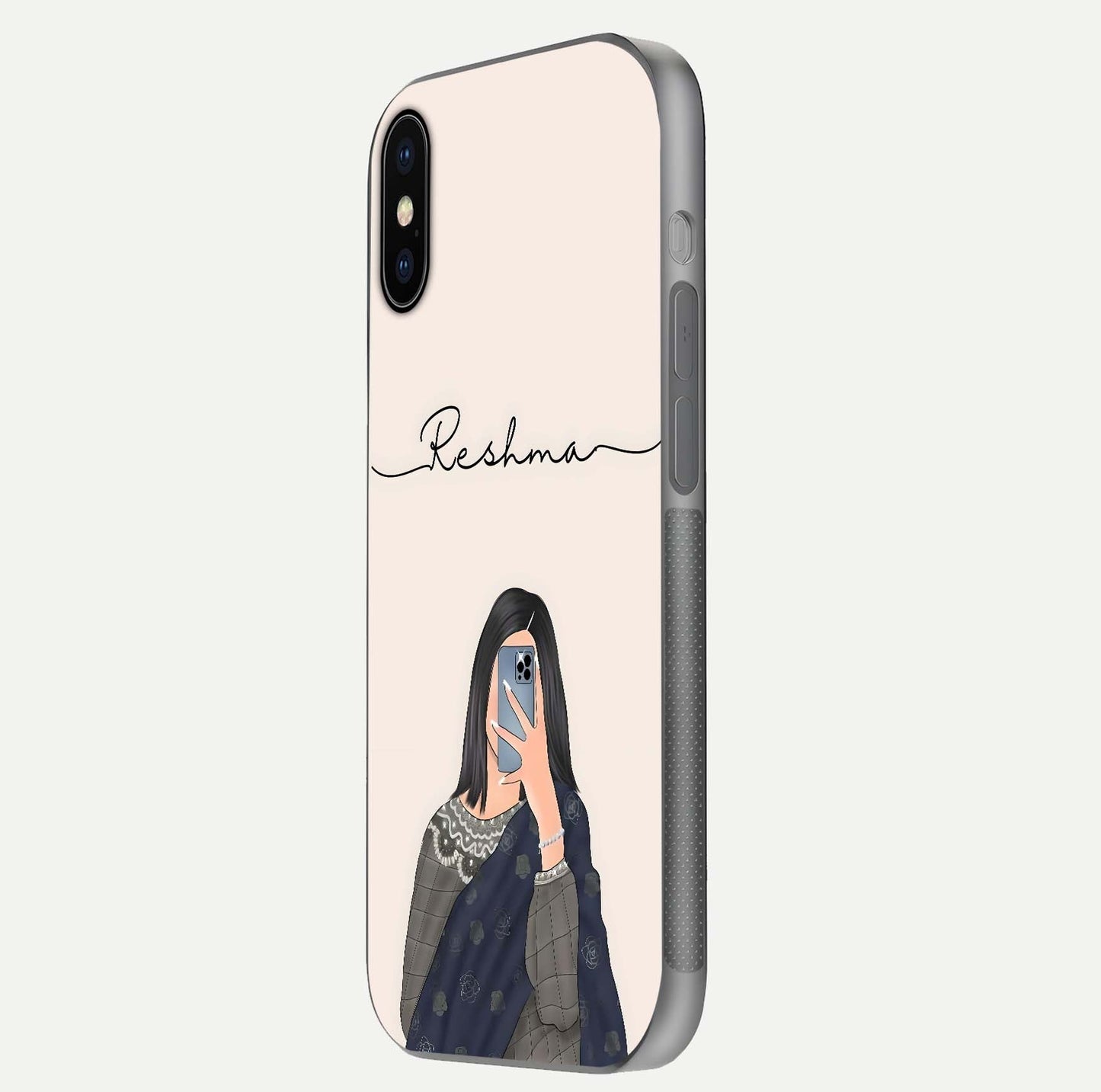 Mirror Mood Muse Custom Name Glass Case for iPhone X side-angle image emphasizing glossy mirror texture
