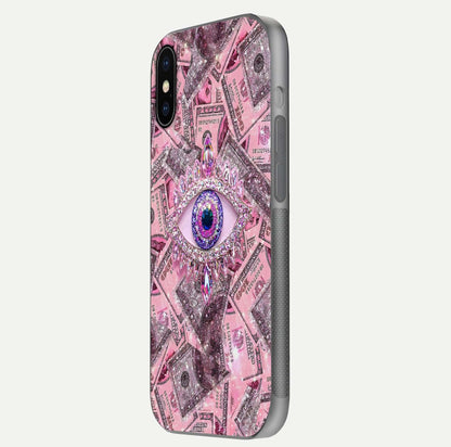 Money Eye Luxe Glass Case for iPhone X side-angle image showing HD reflection and luxury print clarity