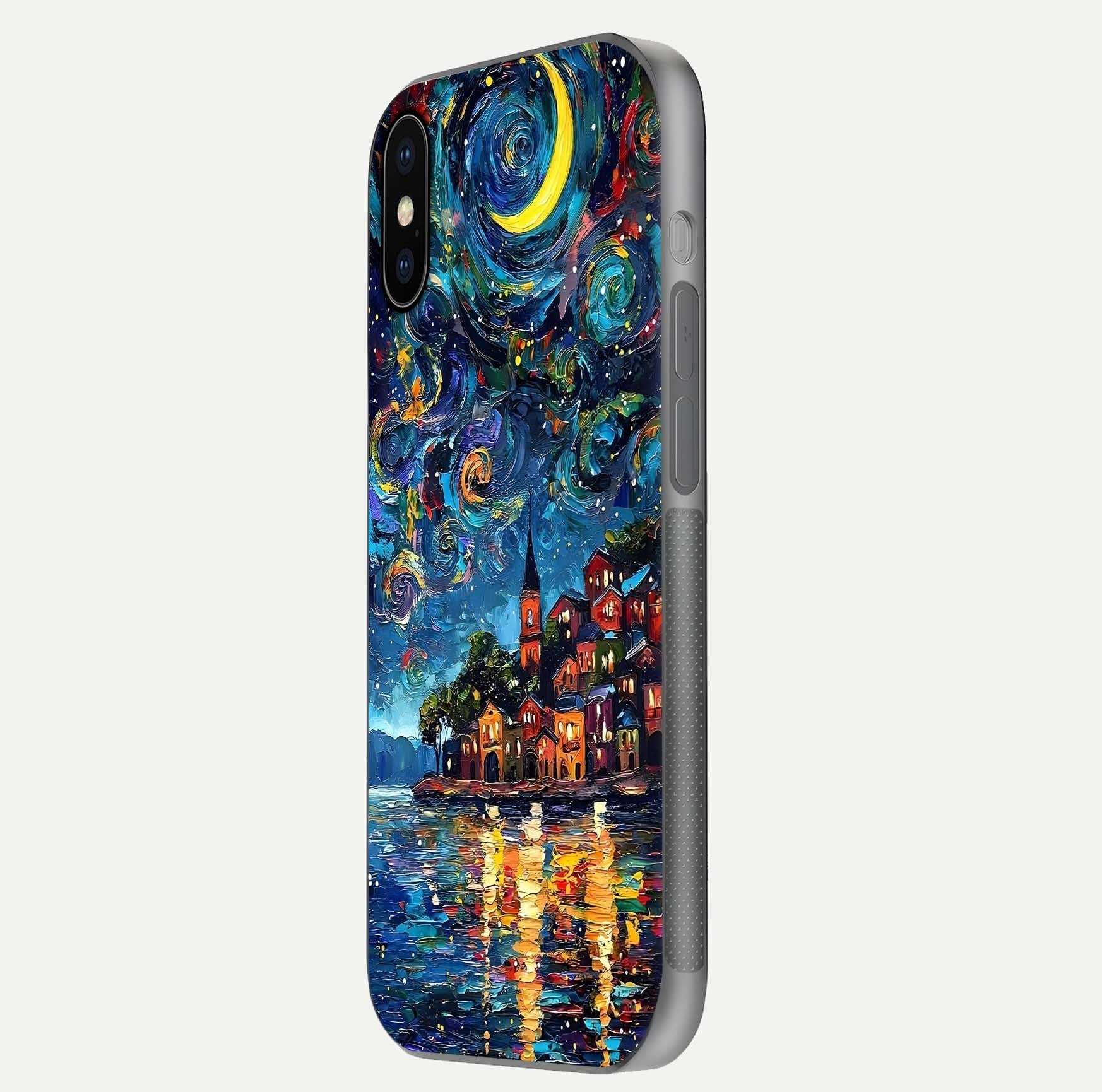 Moonlight Harbor Glow Glass Case for iPhone X side-angle image showing reflective surface and ocean tones