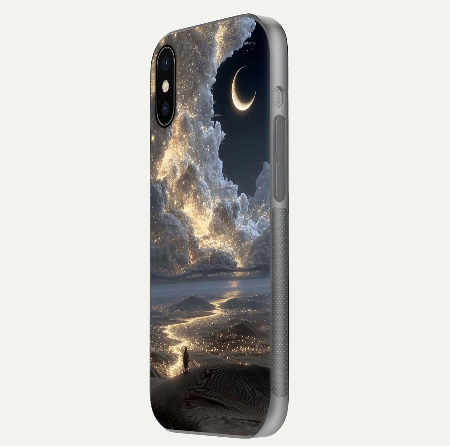 Moonlight Spark Path Glass Case for iPhone X side-angle image showing reflection and moonlit detail