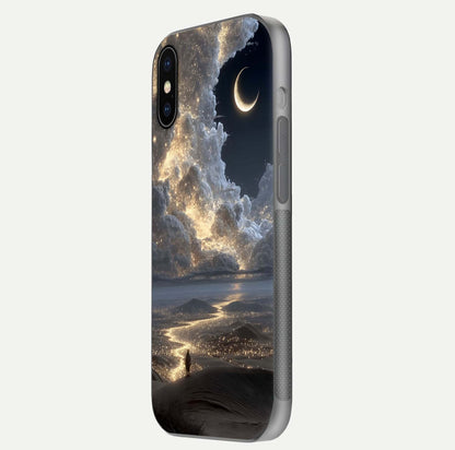 Moonlight Spark Path Glass Case for iPhone X side-angle image showing reflection and moonlit detail