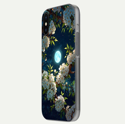 Moonlit Blossom Dream Glass Case for iPhone X side-angle image showing shine depth and flower glow