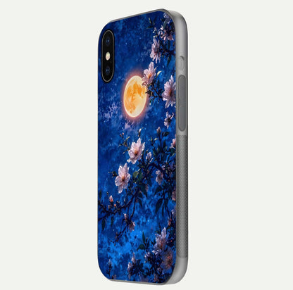 Moonlit Blossoms Night Glass Case for iPhone X side-angle image revealing shine and night bloom texture