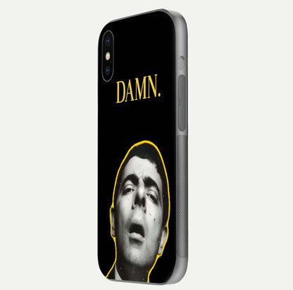 Mr Bean Damn Glass Case for iPhone X side-angle image emphasizing HD print clarity and playful theme