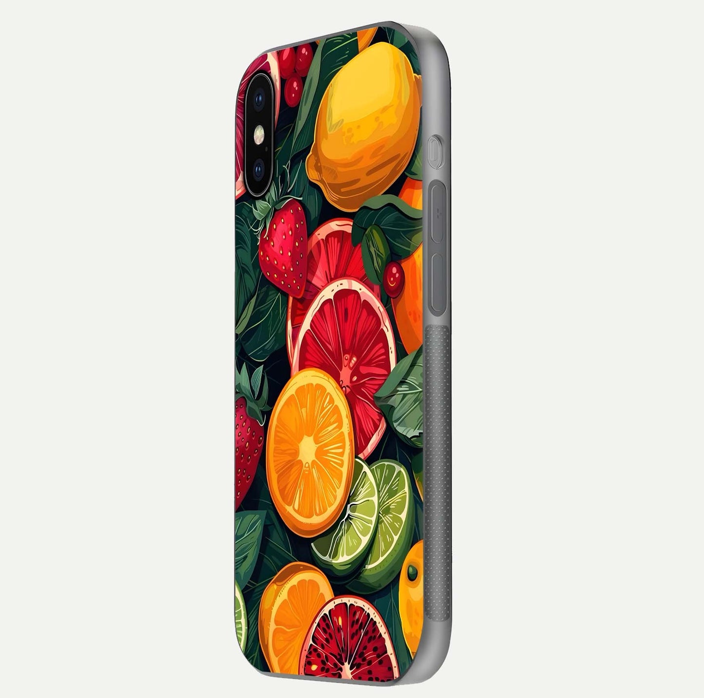Multiple Fruits Glass Case for iPhone X side-angle image showing glossy surface and vivid fruit pattern
