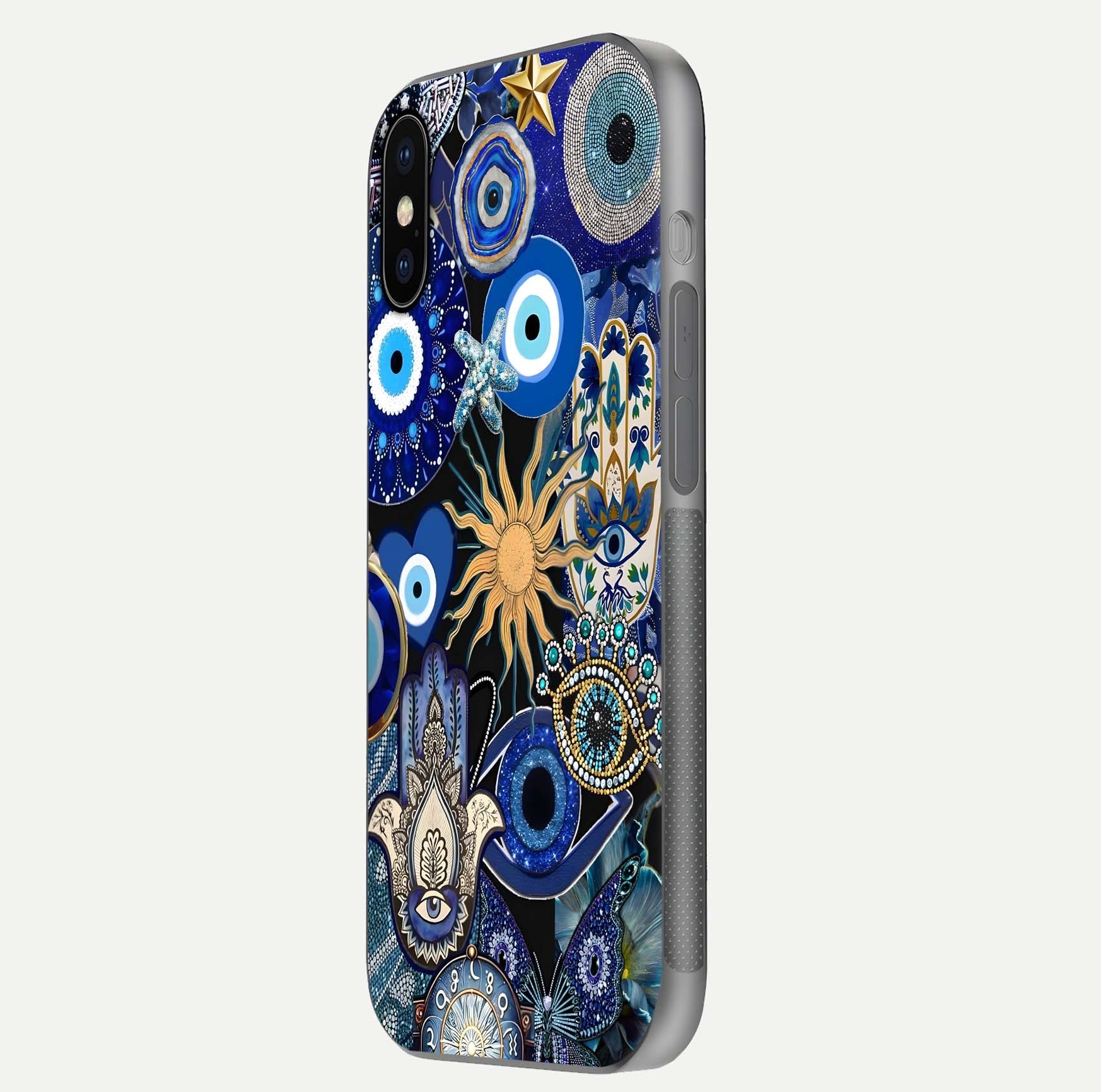Mystic Blue Evil Eye Glass Case for iPhone X side-angle image showing smooth gloss and charm design