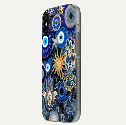 Mystic Blue Evil Eye Glass Case for iPhone X side-angle image showing smooth gloss and charm design