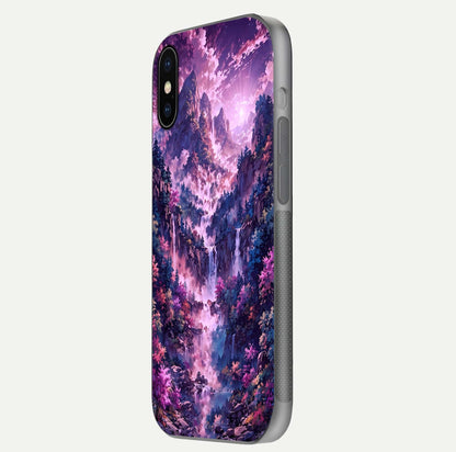 Mystic Cascade Peaks Glass Case for iPhone X side-angle image showing reflection and scenic art clarity