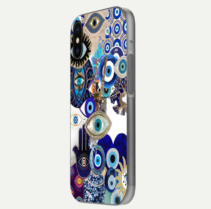 Mystic Charm Eye Glass Case for iPhone X side-angle image showing HD reflection and sacred tone