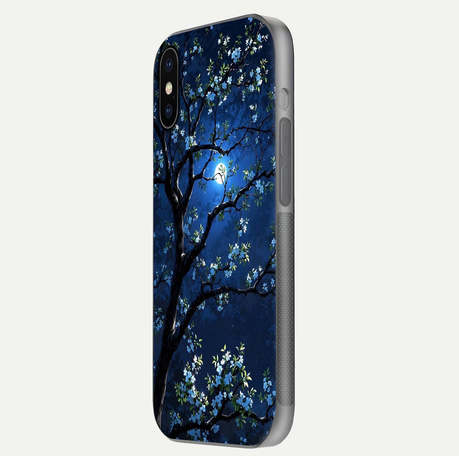 Mystic Floral Night Glass Case for iPhone X side-angle image showing gloss surface and midnight floral tones