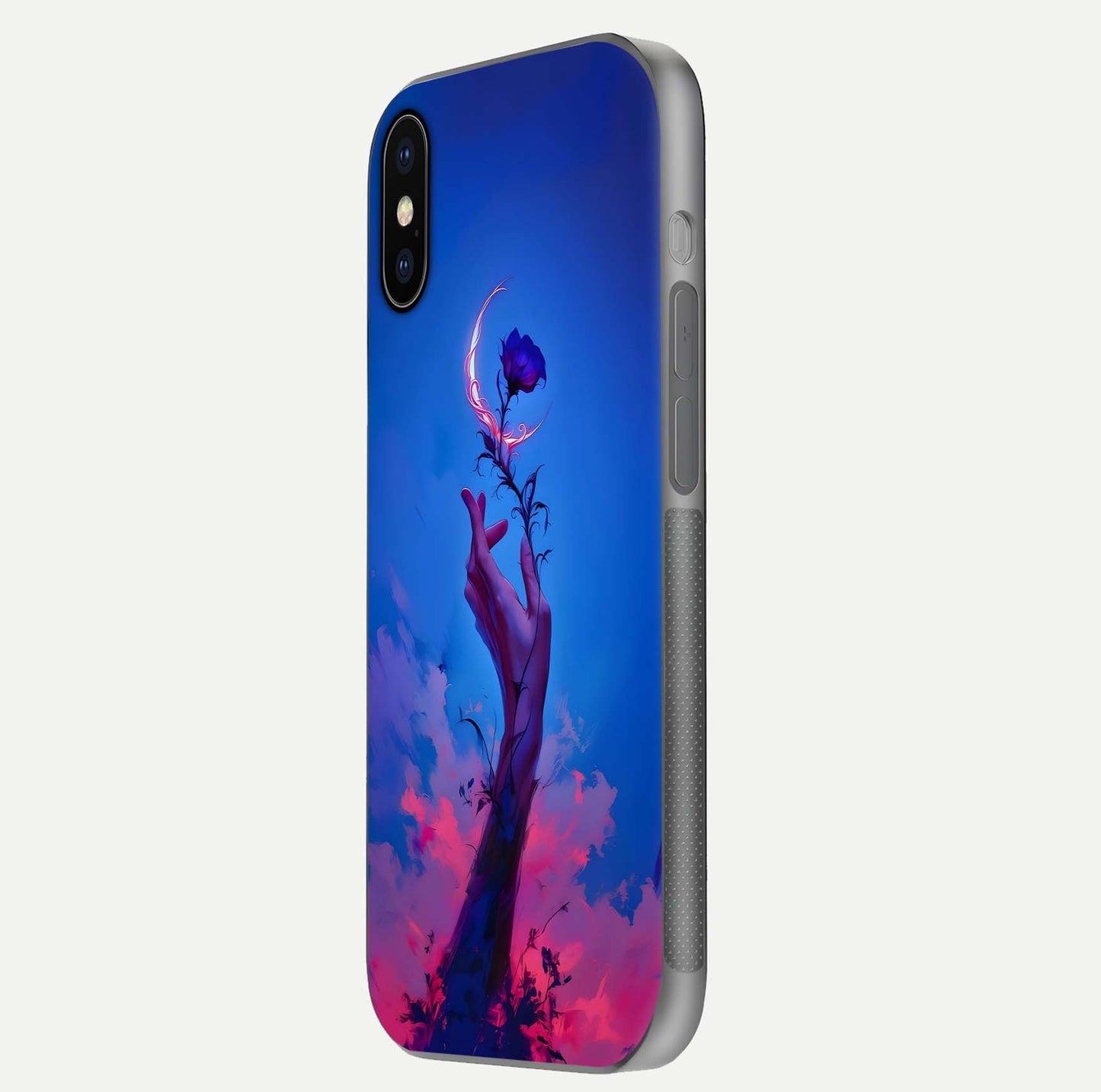 Mystic Hand Glass Case for iPhone X side-angle image showing reflection depth and sacred aesthetic