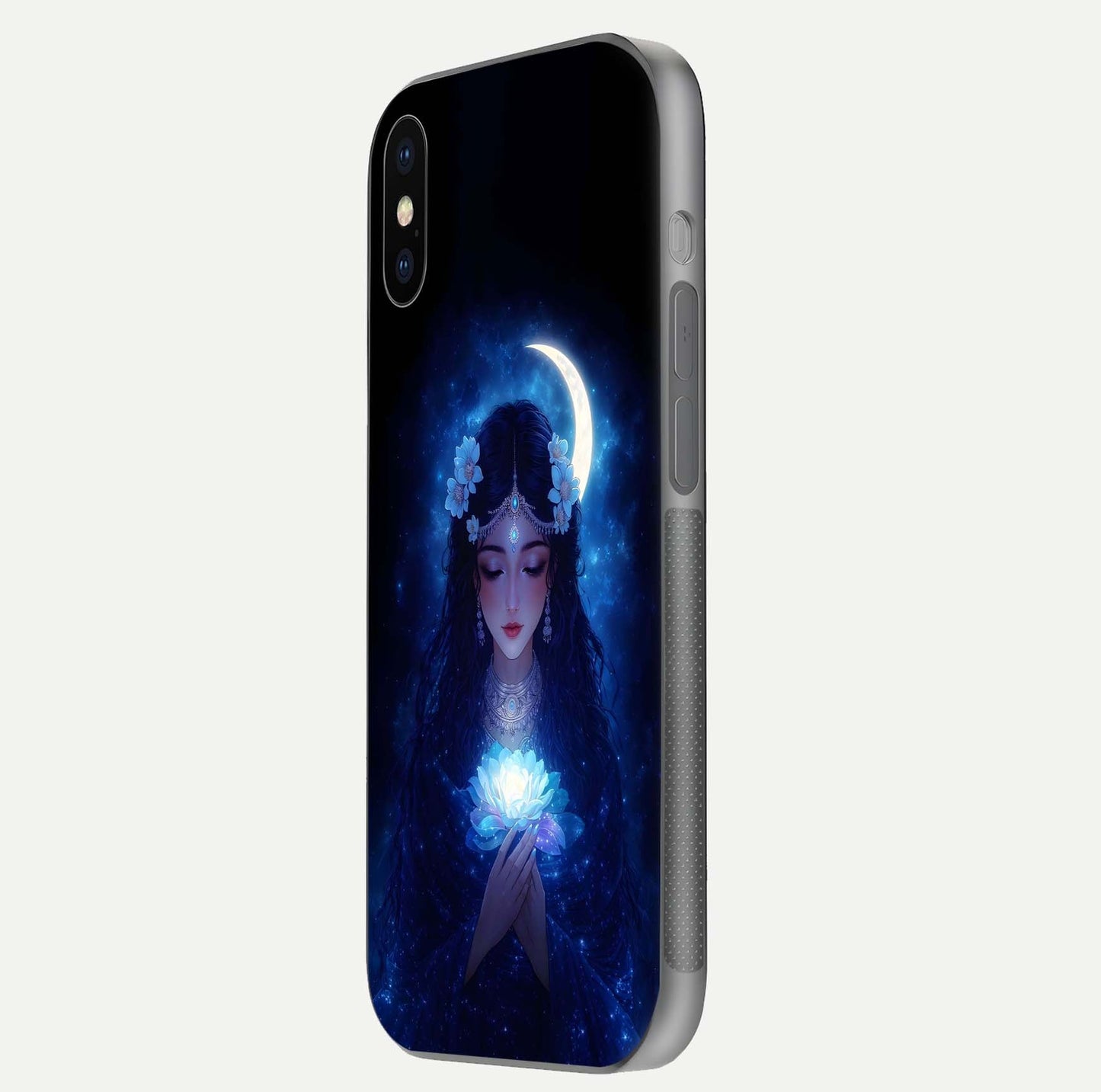 Mystic Moon Queen Glass Case for iPhone X side-angle image showing reflection and celestial details