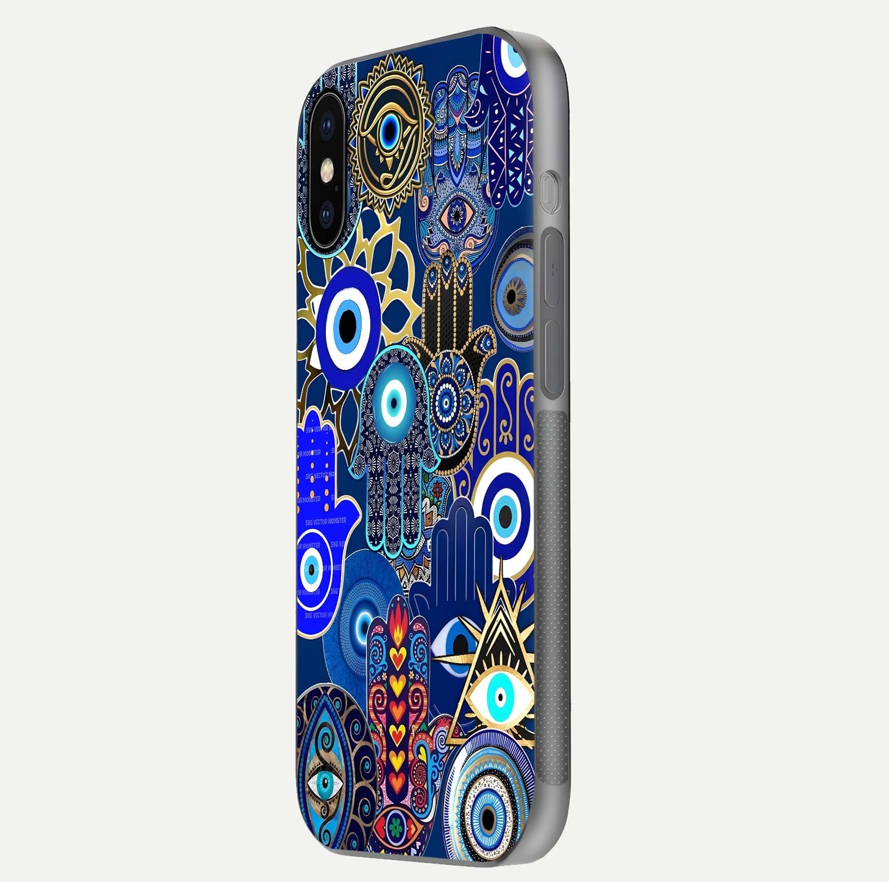 Mystic Palm Guard Glass Case for iPhone X side-angle image showing shine depth and sacred motif