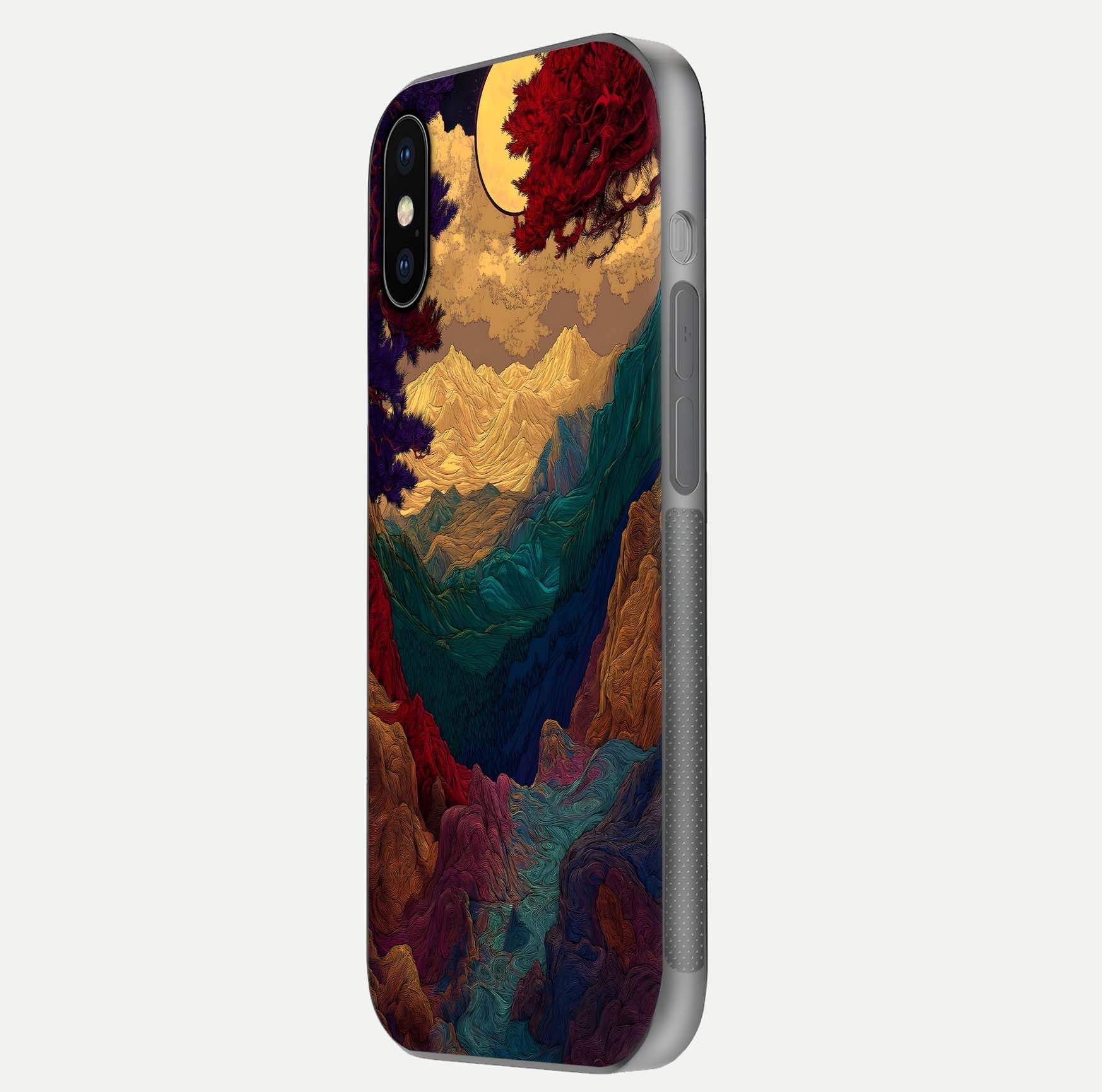Mystic Valley Light Glass Case for iPhone X side-angle image showing shine and peaceful hues