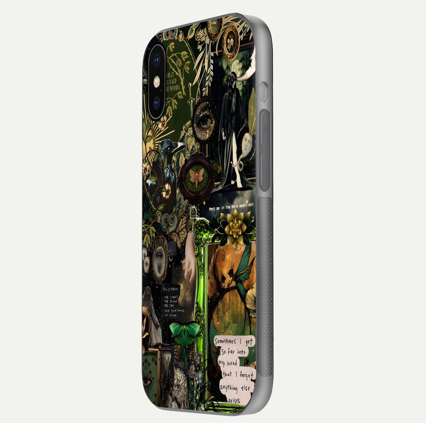 Mystic Woods Secret Glass Case for iPhone X side-angle image showing gloss reflection and forest pattern
