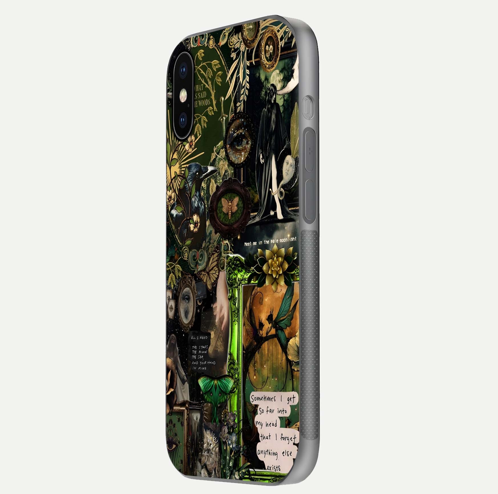 Mystic Woods Secret Glass Case for iPhone X side-angle image showing gloss reflection and forest pattern