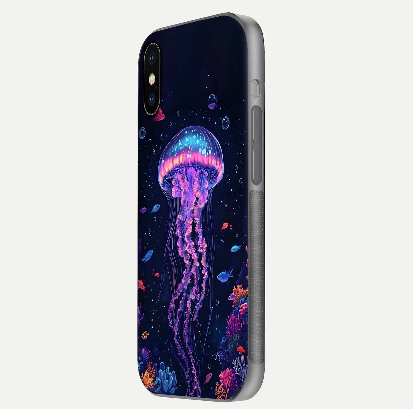 Neon Jellyfish Glass Case for iPhone X side-angle image showing reflection and oceanic light detailing