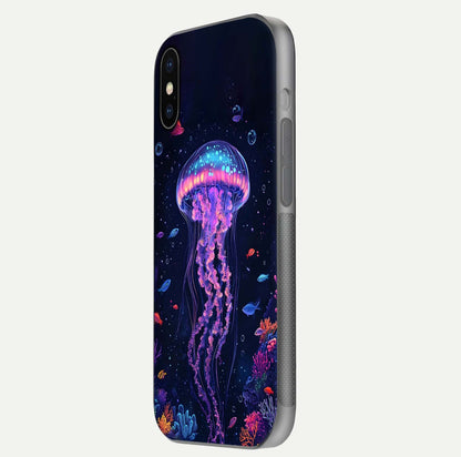 Neon Jellyfish Glass Case for iPhone X side-angle image showing reflection and oceanic light detailing