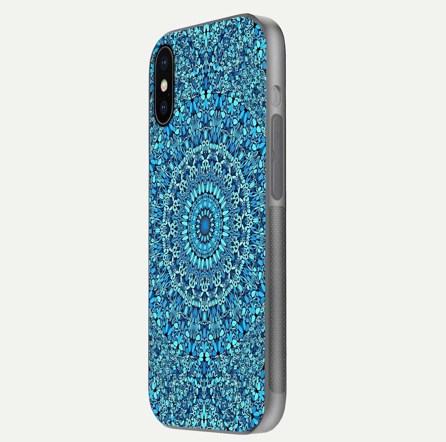 Ocean Bloom Mandala Glass Case for iPhone X side-angle image showing reflection and detailed floral pattern