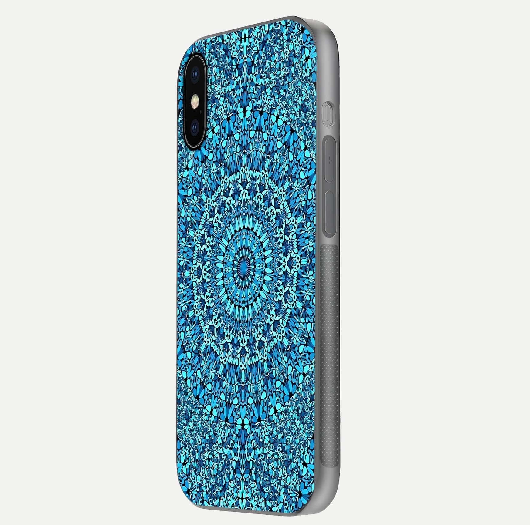 Ocean Bloom Mandala Glass Case for iPhone X side-angle image showing reflection and detailed floral pattern