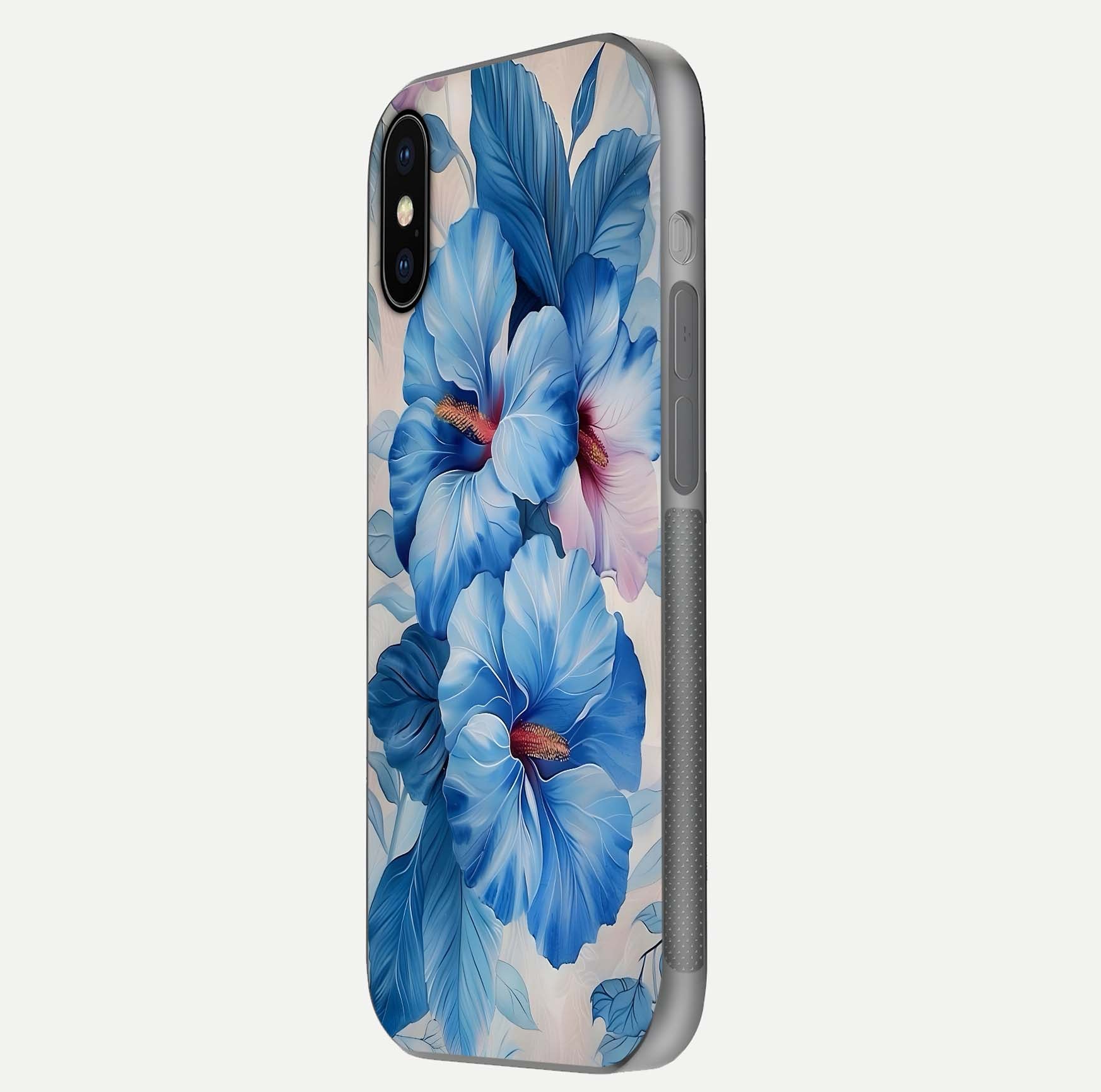 Ocean Hibiscus Grace Glass Case for iPhone X side-angle image showing smooth texture and hibiscus details