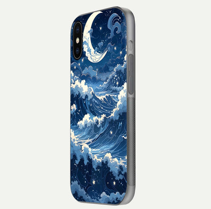 Ocean Moon Waves Glass Case for iPhone X side-angle image showing shine and ocean gradient tones