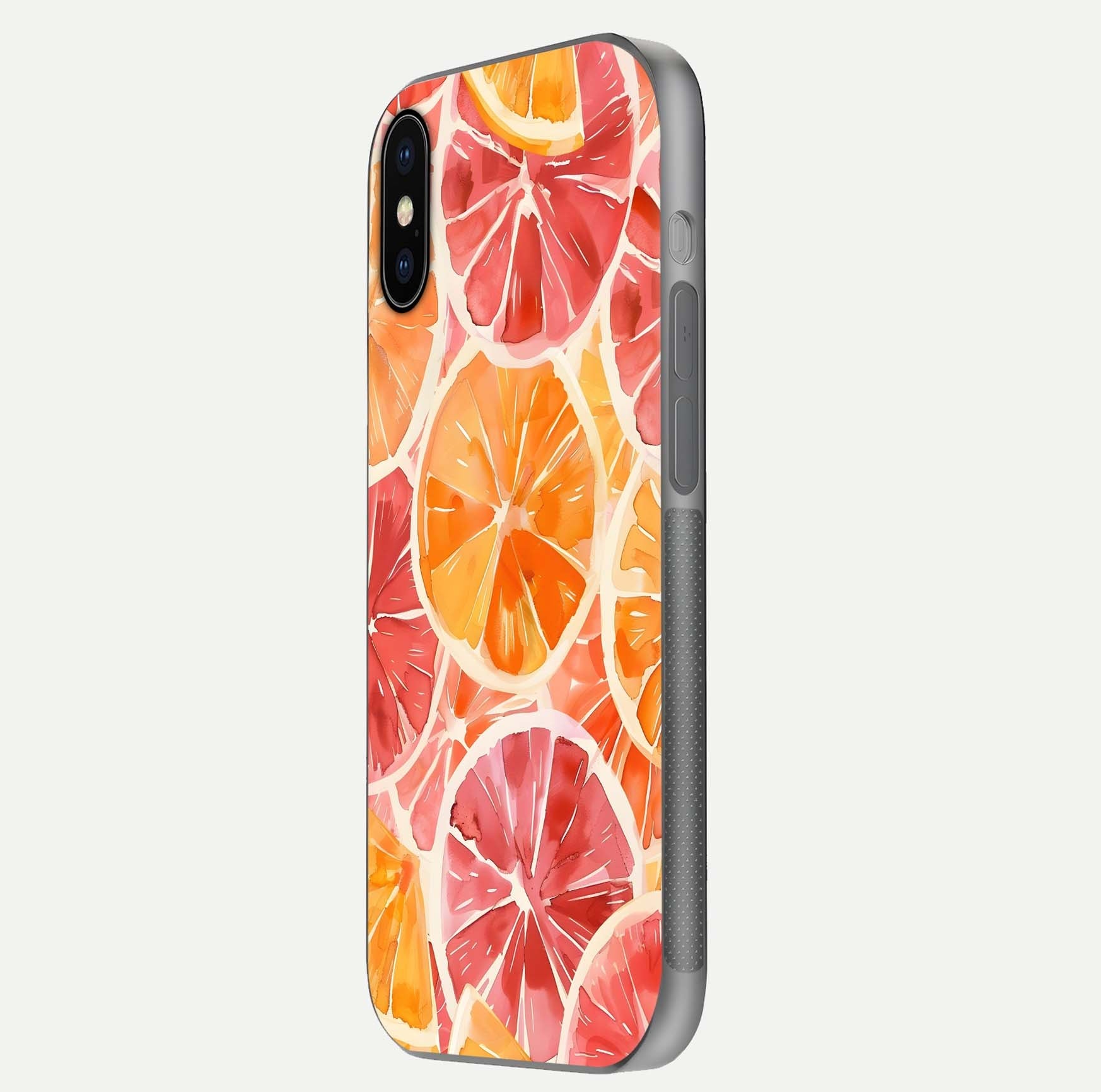 Orange Fruits Pattern Glass Case for iPhone X side-angle image showing glossy shine and citrus pattern