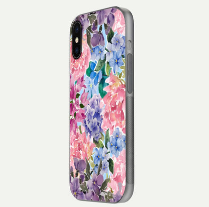 Pastel Floral Mix Glass Case for iPhone X side-angle image showing reflection and delicate pastel hues