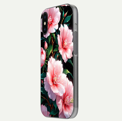 Peach Flower Glass Case for iPhone X side-angle image showing gloss depth and peach blossom detail
